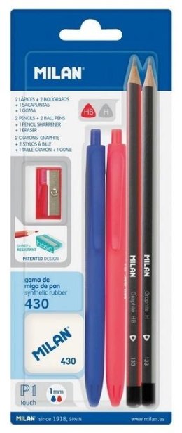 Zestaw 2 długopisy, ołówki, gumka, temperówka