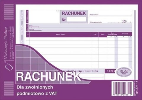 Rachunek dla zwolnionych podmiotowo z VAT 231-3