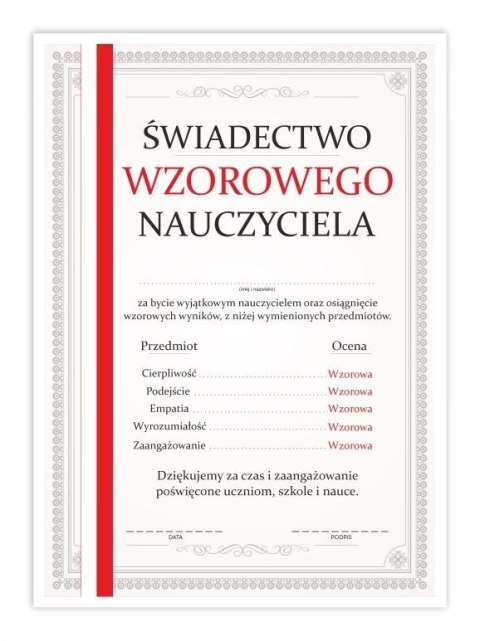 Świadectwo A4 nauczyciela - Czerwony pasek 10szt