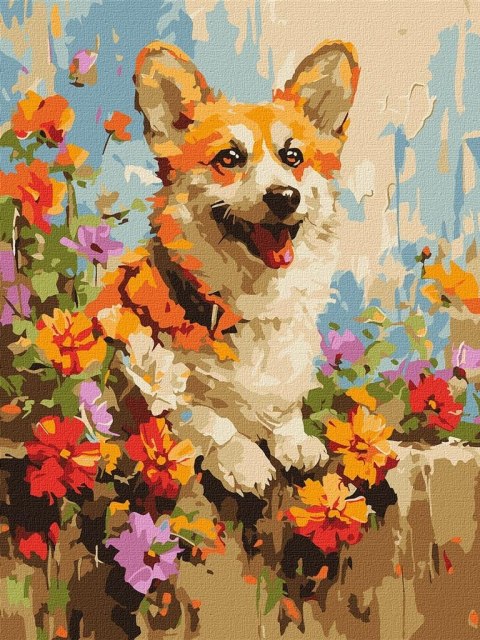 Malowanie po numerach - Corgi w kwiatach 30x40cm Malowanie po numerach - Corgi w kwiatach 30x40cm