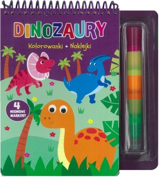 Dinozaury. Kolorowanki naklejki 4 neonowe markery