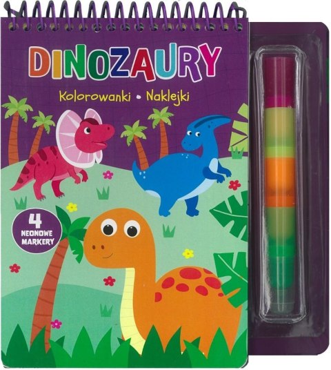 Dinozaury. Kolorowanki naklejki 4 neonowe markery