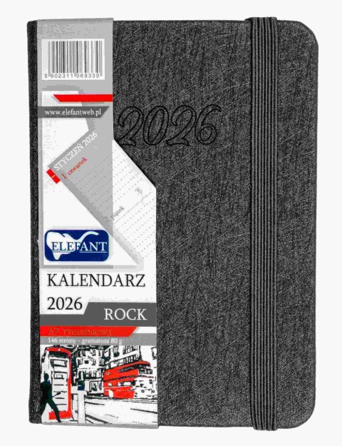 Kalendarz 2026 Rock A7 tygodniowy szary Kalendarz 2026 Rock A7 tygodniowy szary