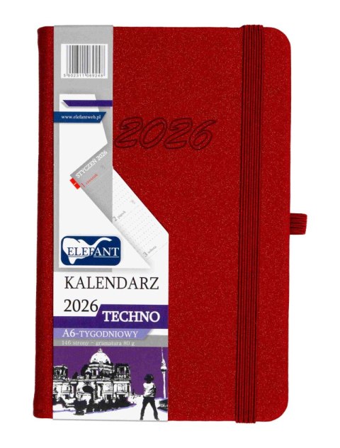 Kalendarz 2026 Techno A6 tygodniowy czerwony Kalendarz 2026 Techno A6 tygodniowy czerwony