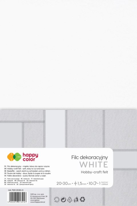 Filc dekoracyjny 20x30 cm 10 ark. biały Happy Color Filc dekoracyjny 20x30 cm 10 ark. biały Happy Color