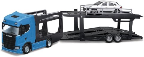 BBURAGO MODEL STREET FIRE MULTICAR CARRIER SCANIA 770 S FRONT TRAILER + PORSCHE MACAN 1:43