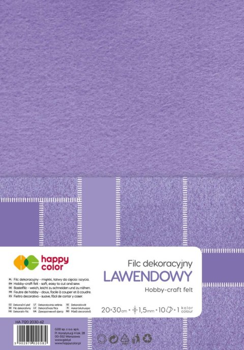 Filc dekoracyjny 20x30 cm 1,5 mm 5 ark. Lawendowy Happy Color Filc dekoracyjny 20x30 cm 1,5 mm 5 ark. Lawendowy Happy Color