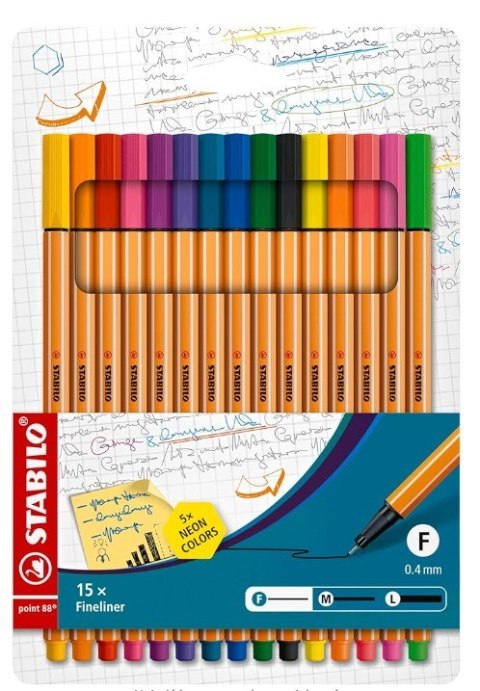 Zestaw cienkopisów STABILO point 88 etui 10+5 kolorów neon Zestaw cienkopisów STABILO point 88 etui 10+5 kolorów neon