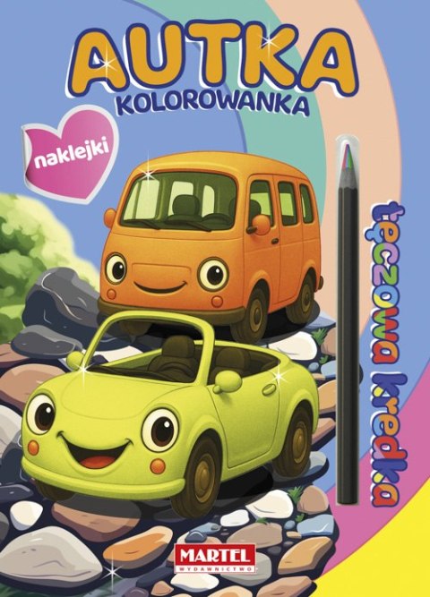 Autka z naklejkami. Kolorowanka z naklejkami. Tęczowa kredka