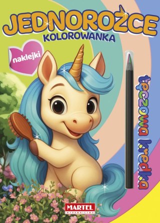 Jednorożce z naklejkami. Kolorowanka z naklejkami. Tęczowa kredka