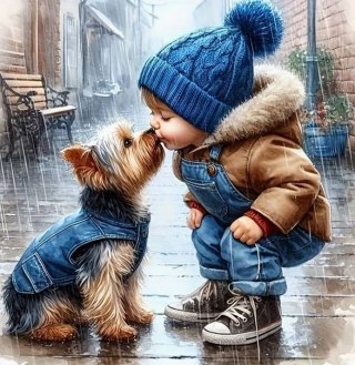 Diamentowa Mozaika Chłopiec i pies buziak w deszczu NO-2001527
