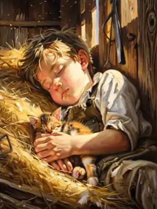 Diamentowa Mozaika Chłopiec śpiący na sianie z kotkiem NO-2003010
