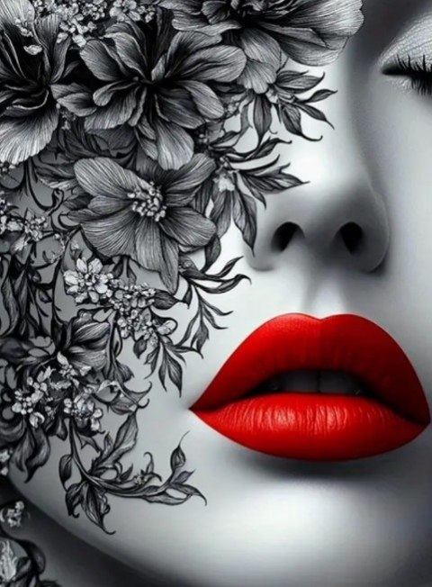 Diamentowa Mozaika Kobieta z czerwonymi ustami i kwiatami NO-2003112