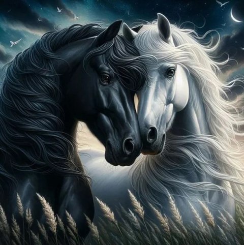 Diamentowa Mozaika Konie biały i czarny w zbożu NO-2002223