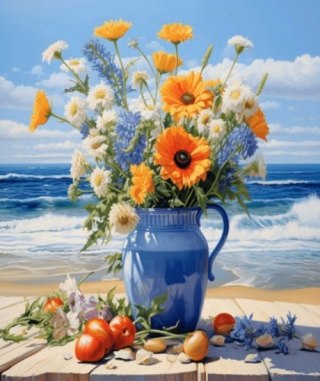 Diamentowa Mozaika Kwiaty w wazonie nad brzegiem morza NO-2000167