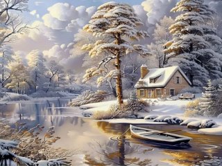 Diamentowa Mozaika Zima chata i łódź NO-2001714