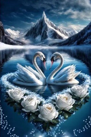 Diamentowa Mozaika Łabędzie zakochane i białe kwiaty NO-2000168