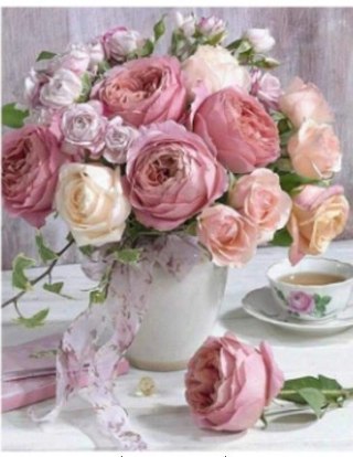 Diamentowa Mozaika Bukiet pastelowy na stole+ filiżanka NO-1006538